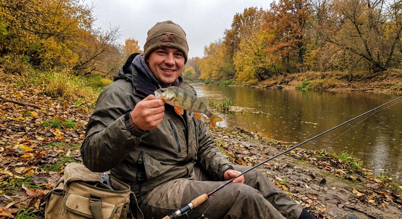 Großer Barschschwarm im klaren Herbstwasser unter abfallender Uferkante
