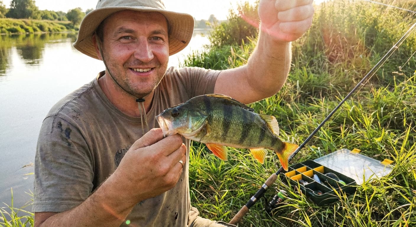 Angler beim frühmorgendlichen Barschfischen im Sommer am See mit aufgehender Sonne