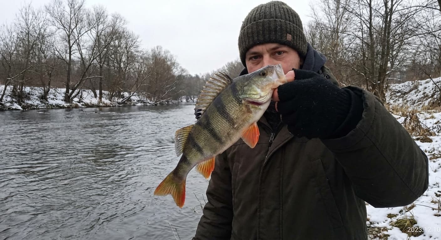 Barsch im Winter bei Schnee und Eis am Gewässer