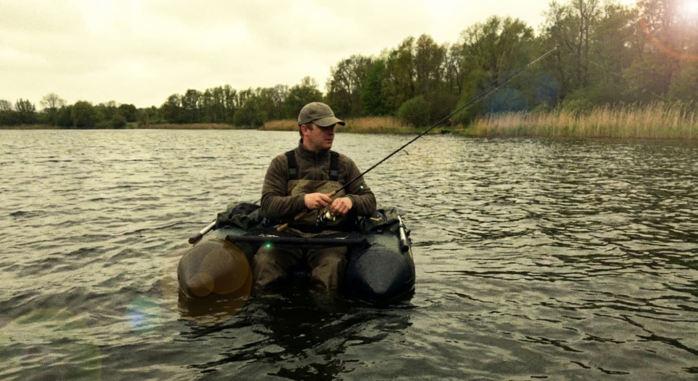 Angler im Belly Boot auf ruhigem See beim Spinnfischen