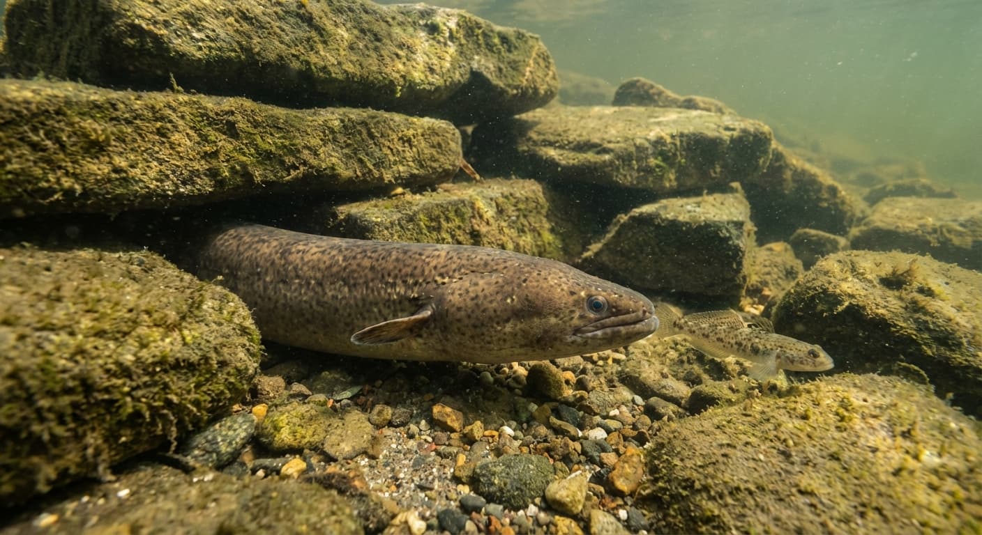 Kapitaler Breitkopfaal gefangen mit Grundel als Köderfisch