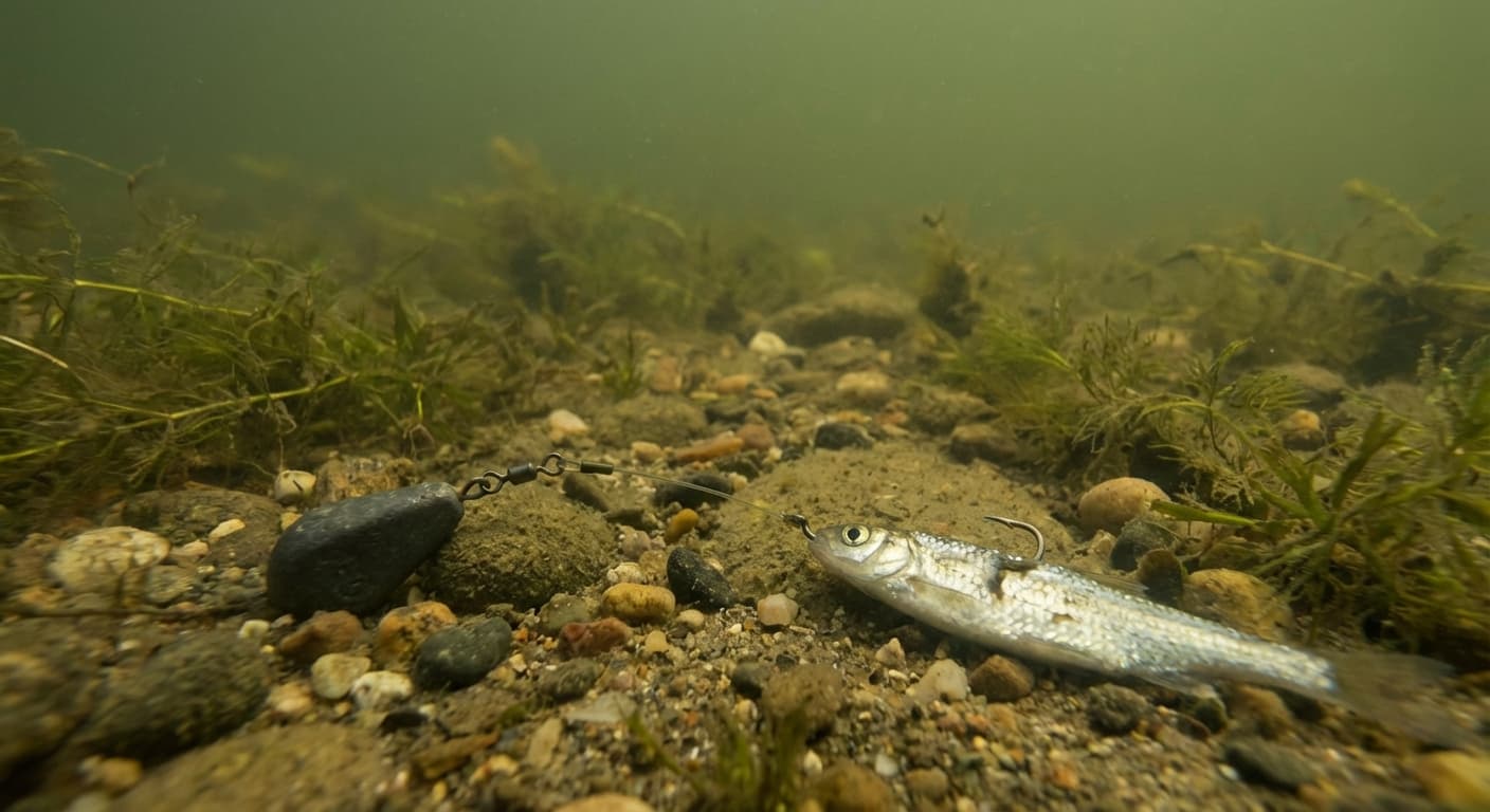 Grundmontage mit Köderfisch für Aalangeln am Flussgrund