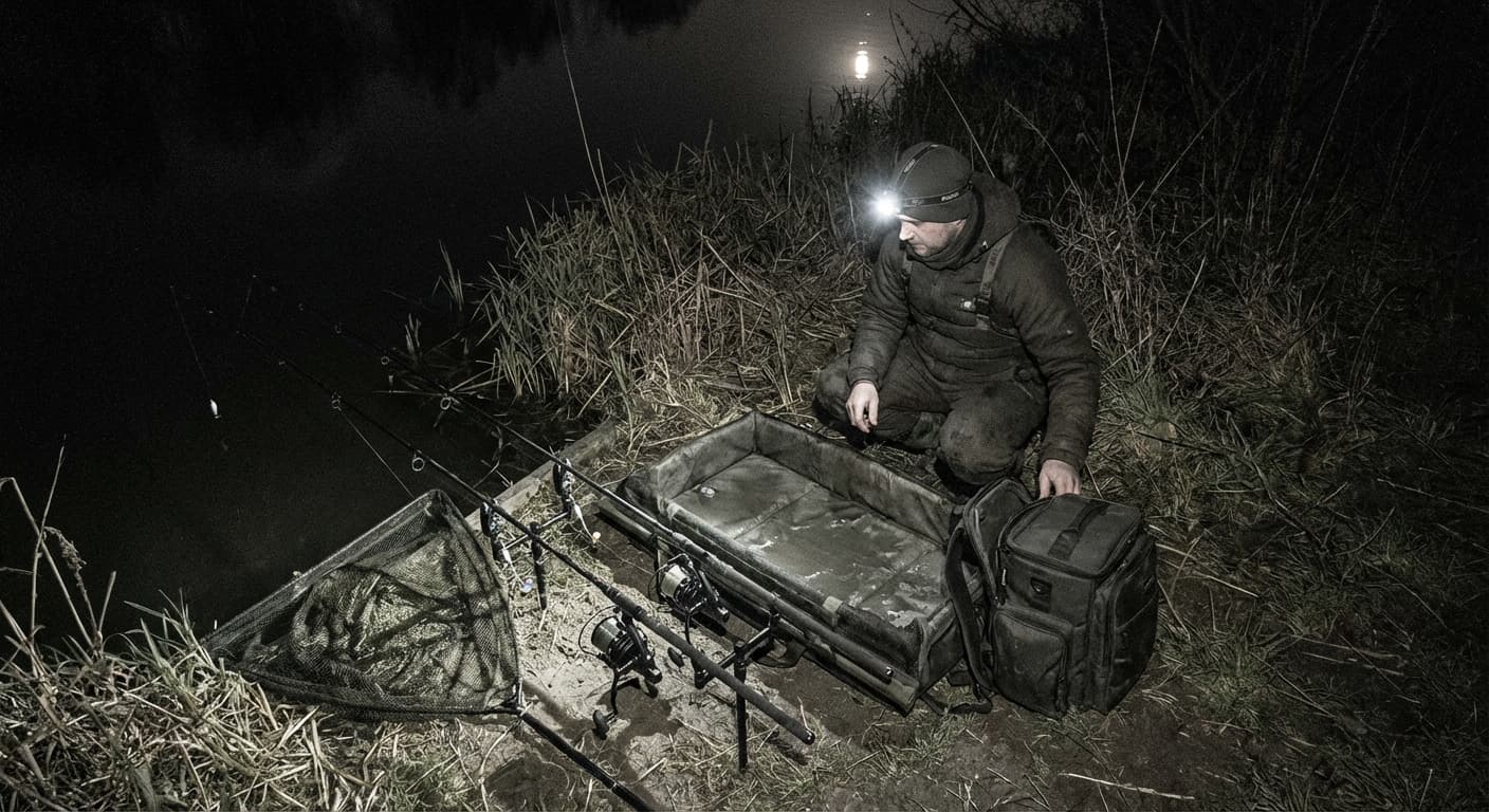 Angler beim Nachtangeln auf Hecht mit Kopflampe am Gewässer bei Dämmerung