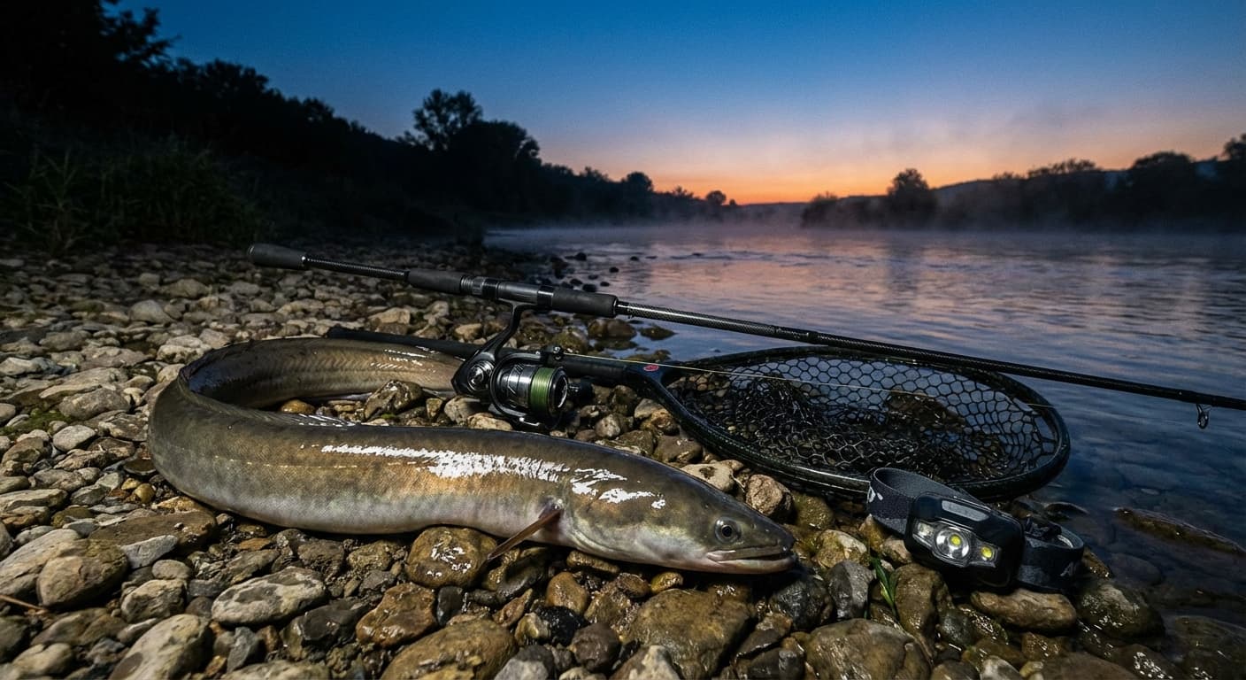 Kapitaler Herbstaal am nebligen See bei Dämmerung