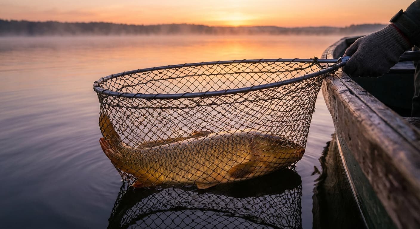 Kapitaler Karpfen wird am frühen Morgen aus Vereinsgewässer gekeschert