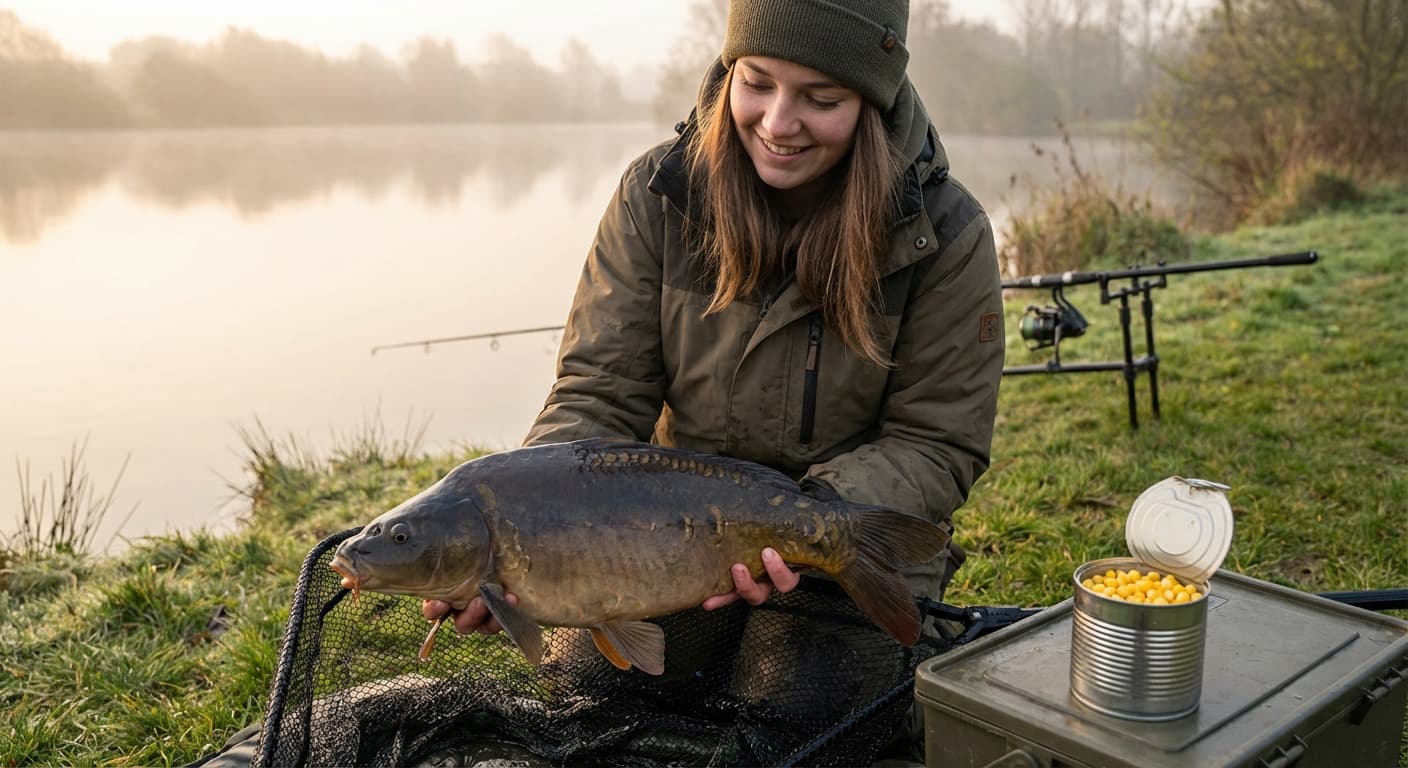 Spiegelkarpfen mit Dosenmais und Hartmais am Seeufer