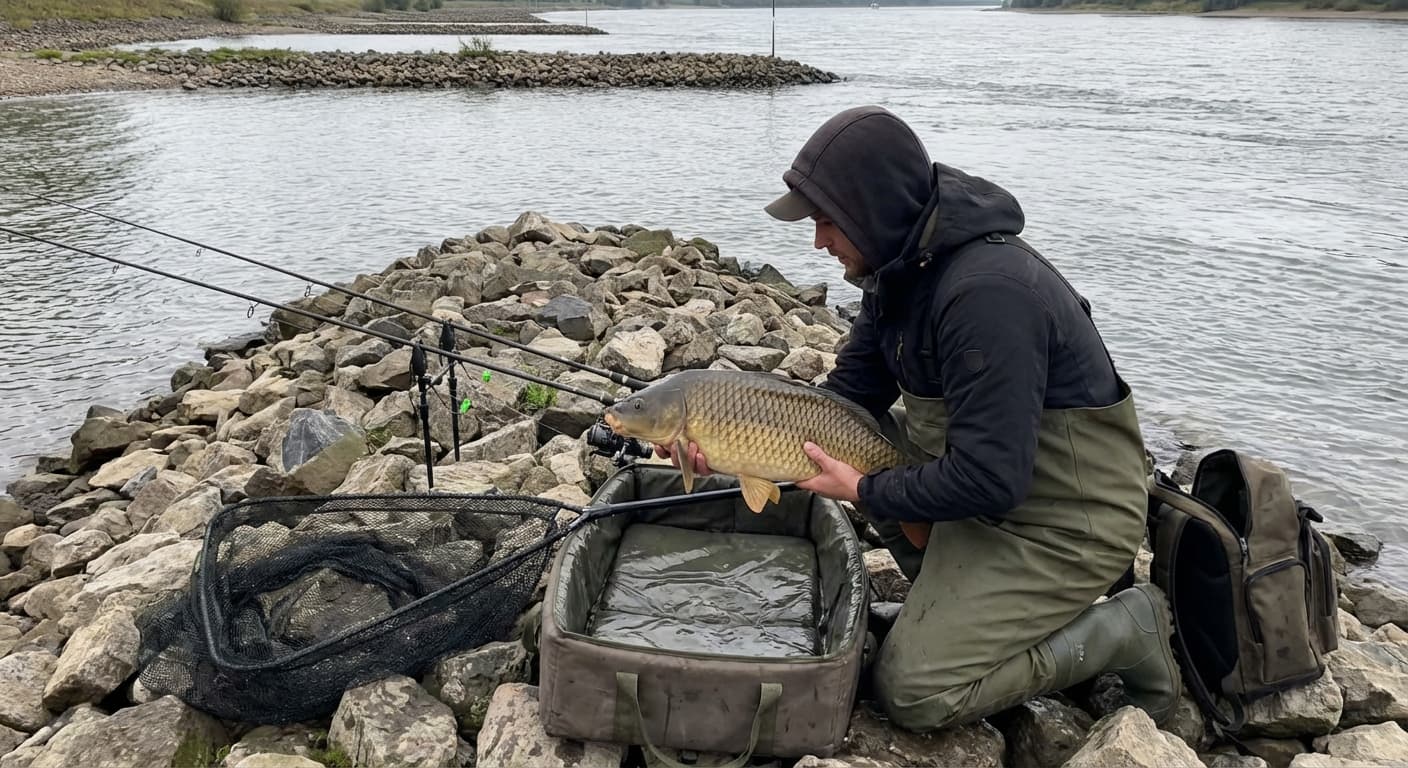 Karpfenangler an Buhne am Rhein bei Sonnenuntergang mit gespannter Rute