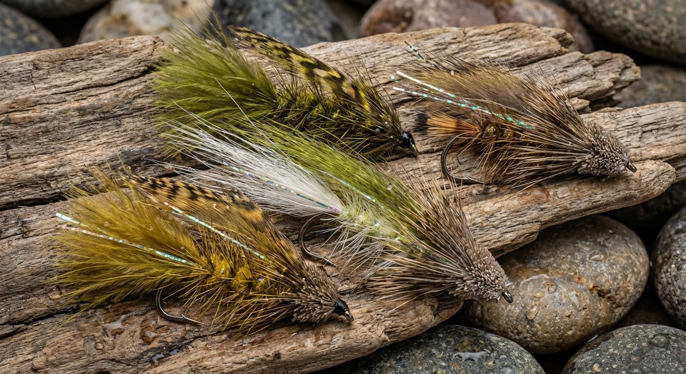 Verschiedene Streamer-Kunstfliegen für das Fliegenfischen – Woolly Bugger, Zonker und Muddler Minnow
