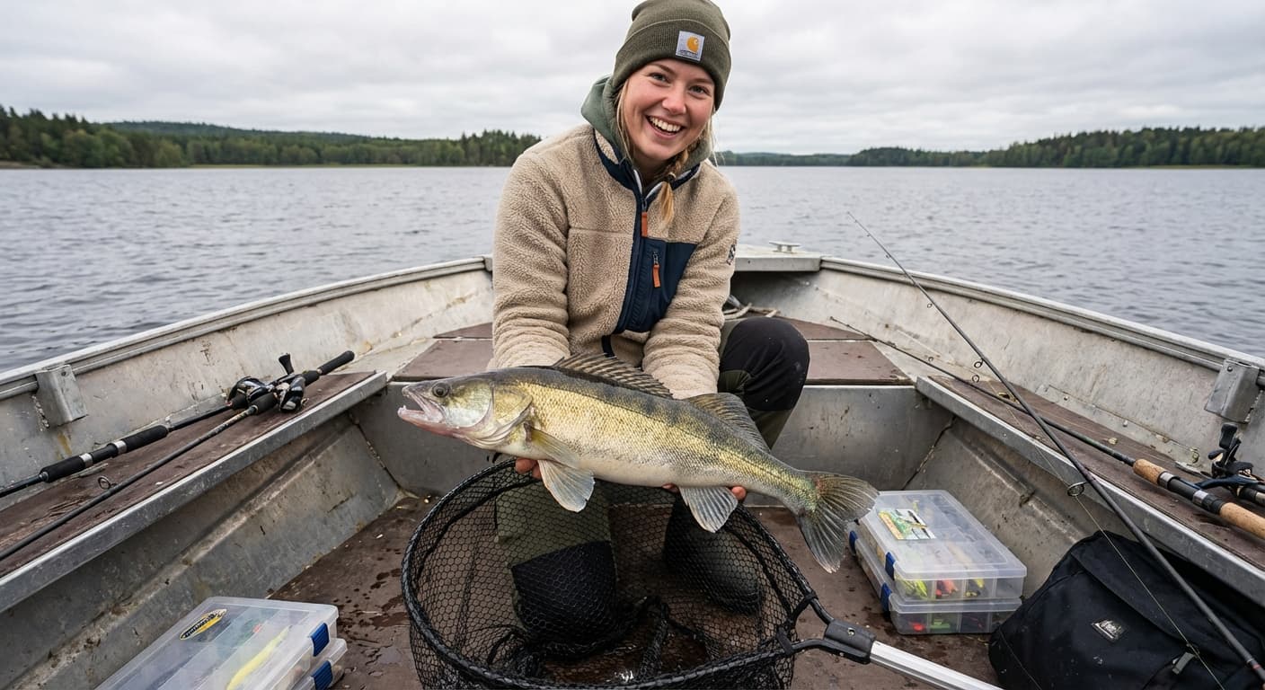 Angler beim Vertikalangeln auf Zander vom Boot mit E-Motor und Echolot