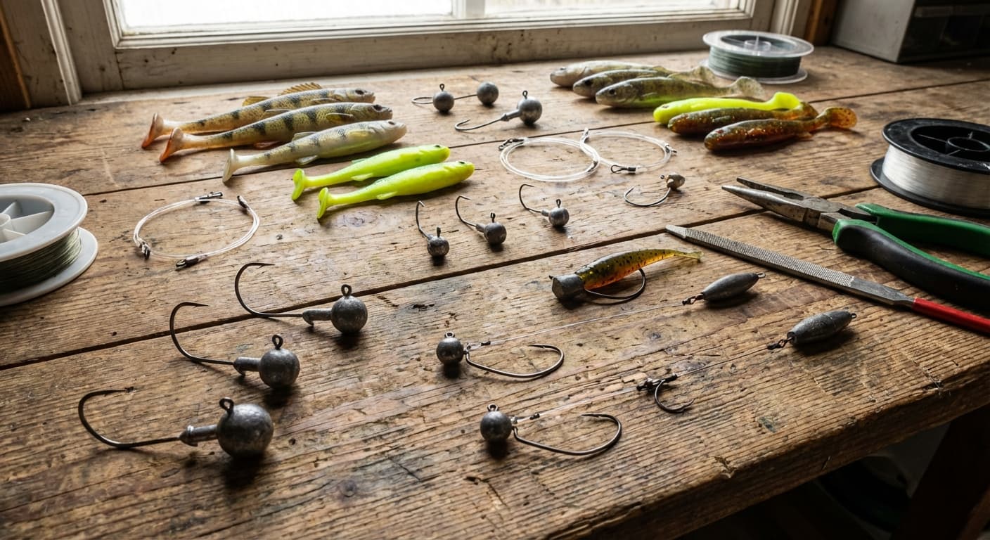 Verschiedene Zander-Montagen mit Gummifischen, Jigköpfen und Rigs auf Holzuntergrund