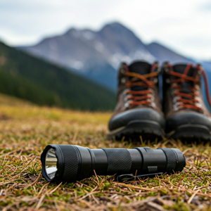 Taschenlampe, die vor Wanderschuhen liegt