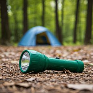 Taschenlampe, die auf einem Zeltplatz liegt