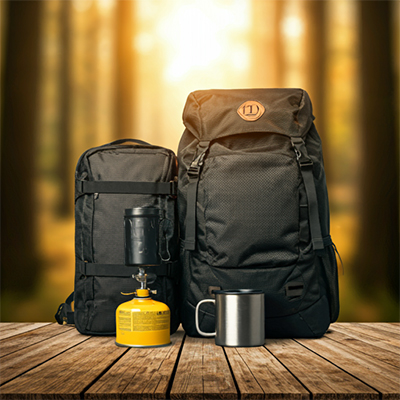 Ourdoor-Rucksack mit Kocher und Tasse
