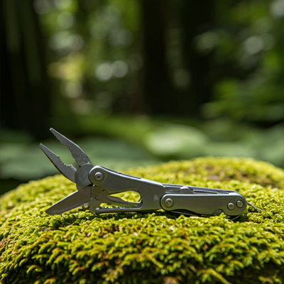 Ein Multitool, aufgeklappt, liegt auf Moos
