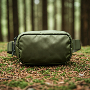 Grüne Outdoor Bauchtasche, die im Wald liegt