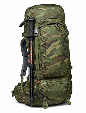 Ein gepackter Outdoorrucksack mit Trekkingstöcken an der Seite