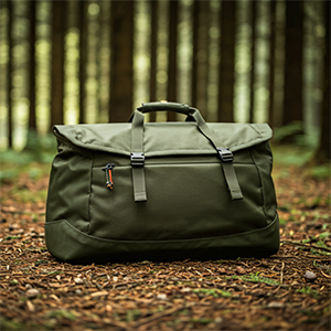 Eine Outdoor Tragetasche in grün, die im Wald steht