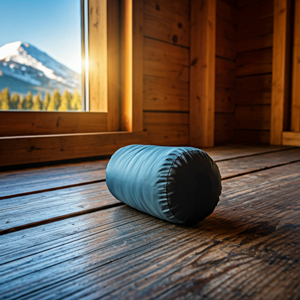 Hüttenschlafsack auf Holzboden in einer Berghütte